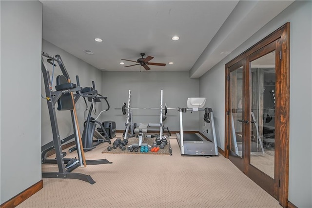 4502 Verona Ct, Riverside, MO 64150 - workout area with carpet flooring, baseboards, recessed lighting, a ceiling fan, and french doors