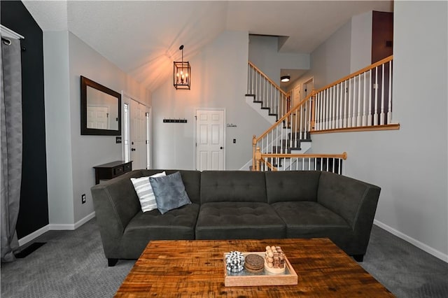 15363 S Darnell St, Olathe, KS 66062 - living area with carpet floors, stairs, baseboards, vaulted ceiling, and a chandelier