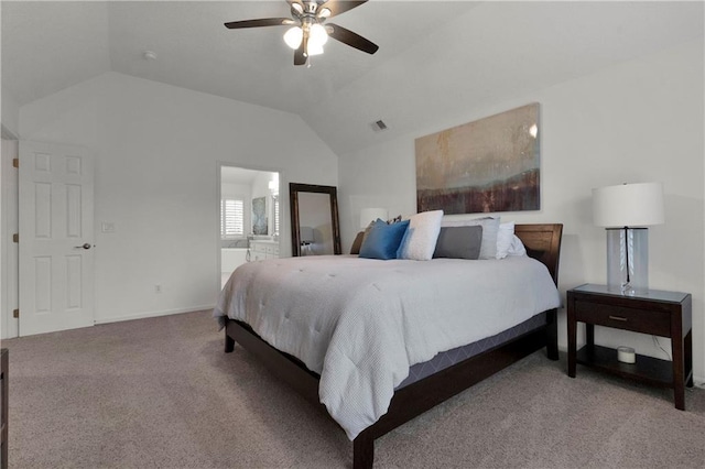 5318 W 159th Ter, Overland Park, KS 66085 - carpeted bedroom featuring vaulted ceiling, ceiling fan, baseboards, and connected bathroom