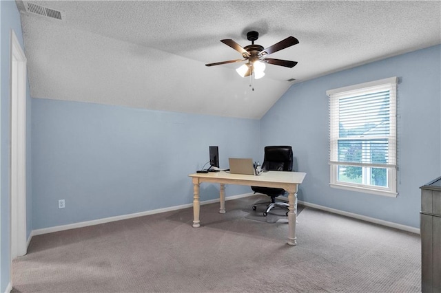 5318 W 159th Ter, Overland Park, KS 66085 - carpeted home office with lofted ceiling, ceiling fan, baseboards, and a textured ceiling