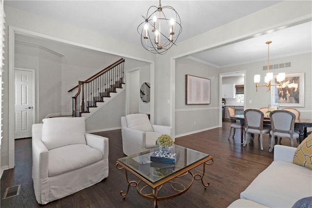 5318 W 159th Ter, Overland Park, KS 66085 - living area with a chandelier, baseboards, wood finished floors, stairway, and ornamental molding