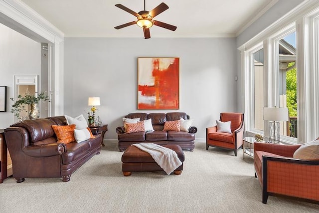 8127 Lone Elm Rd, Lenexa, KS 66220 - carpeted living room featuring a ceiling fan, ornamental molding, and baseboards