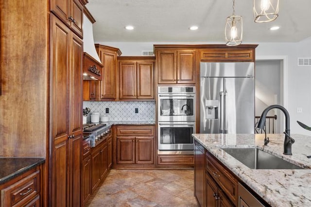 8127 Lone Elm Rd, Lenexa, KS 66220 - kitchen featuring stainless steel appliances, a sink, tasteful backsplash, brown cabinetry, and pendant lighting
