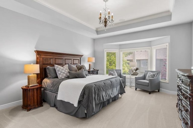 8127 Lone Elm Rd, Lenexa, KS 66220 - bedroom with light colored carpet, a chandelier, baseboards, a raised ceiling, and crown molding