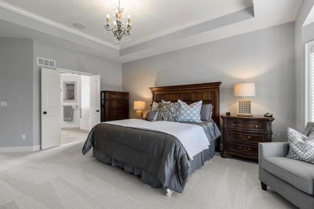 8127 Lone Elm Rd, Lenexa, KS 66220 - bedroom featuring light carpet, a chandelier, a raised ceiling, baseboards, and ornamental molding