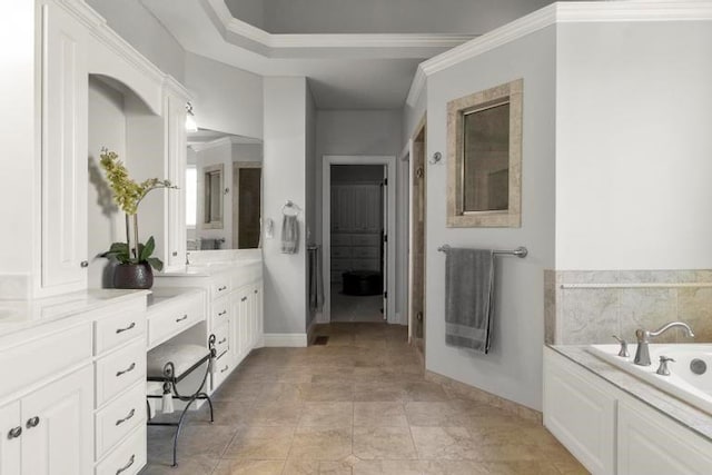 8127 Lone Elm Rd, Lenexa, KS 66220 - bathroom featuring a garden tub, vanity, baseboards, and crown molding