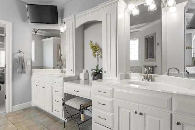 8127 Lone Elm Rd, Lenexa, KS 66220 - bathroom with vanity, ornamental molding, and baseboards
