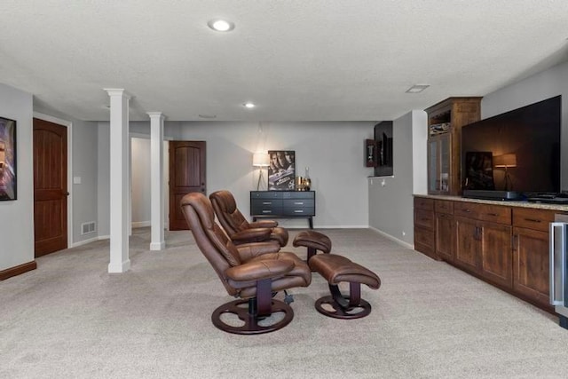8127 Lone Elm Rd, Lenexa, KS 66220 - living area with light colored carpet, baseboards, a textured ceiling, and recessed lighting
