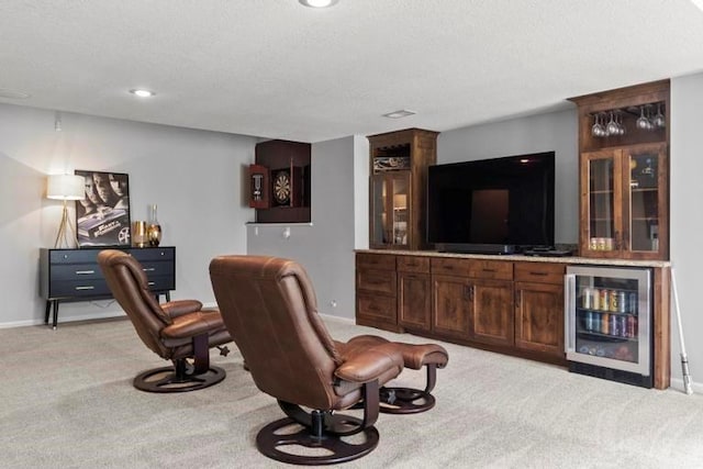 8127 Lone Elm Rd, Lenexa, KS 66220 - living room with beverage cooler, light carpet, a bar, baseboards, and recessed lighting