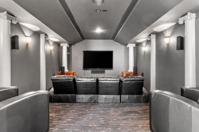 8127 Lone Elm Rd, Lenexa, KS 66220 - home theater room with decorative columns and vaulted ceiling