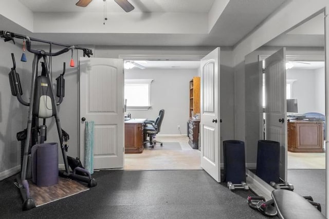 8127 Lone Elm Rd, Lenexa, KS 66220 - exercise room featuring ceiling fan and baseboards