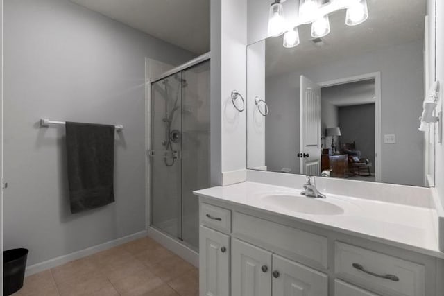 8127 Lone Elm Rd, Lenexa, KS 66220 - full bathroom featuring vanity, a shower stall, tile patterned floors, and baseboards