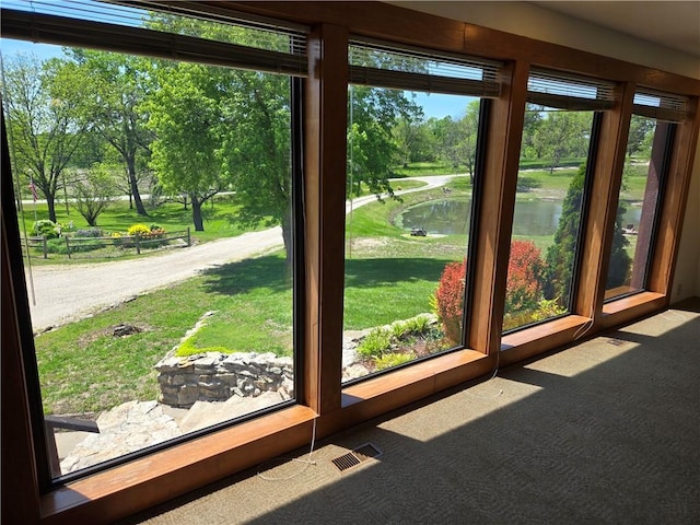 33295 Bethel Church Rd, Osawatomie, KS 66064 - entryway featuring a water view, carpet flooring, and view of scattered trees