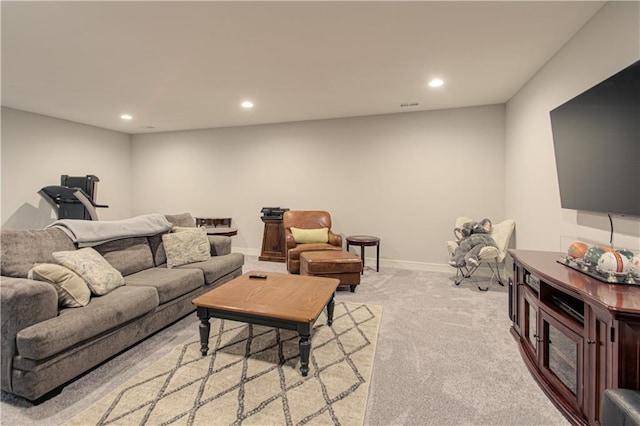 11410 Bluestem Dr, Kearney, MO 64060 - living room featuring light carpet, recessed lighting, and baseboards