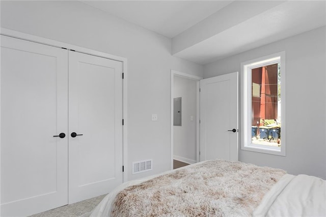bedroom with electric panel and a closet