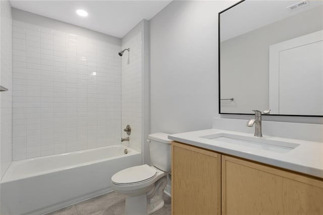full bathroom with toilet, shower / bathtub combination, vanity, tile patterned floors, and recessed lighting