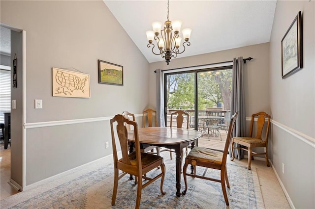 15328 W 81st St, Lenexa, KS 66219 - dining area with vaulted ceiling, a chandelier, light carpet, and baseboards