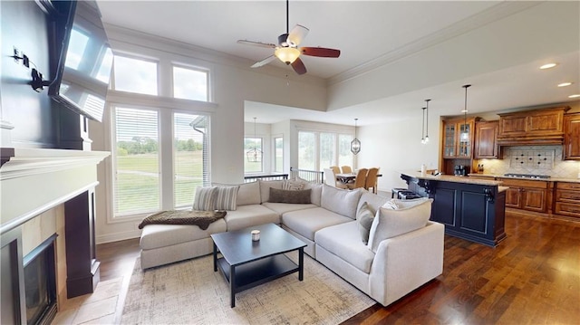 4301 N 141st St, Basehor, KS 66007 - living room with a fireplace with flush hearth, a ceiling fan, dark wood-style floors, crown molding, and recessed lighting