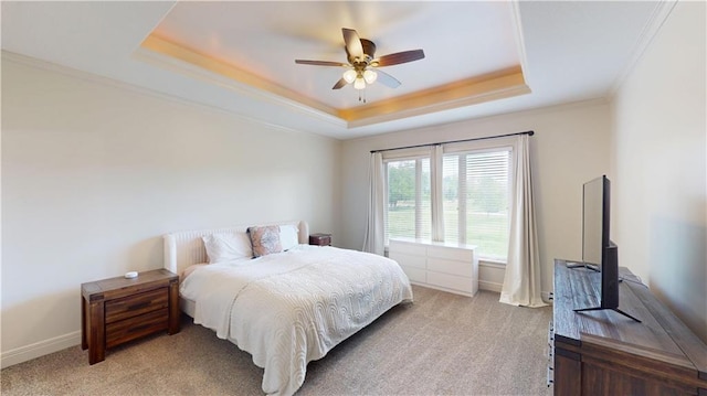 4301 N 141st St, Basehor, KS 66007 - bedroom with a tray ceiling, light colored carpet, crown molding, a ceiling fan, and baseboards