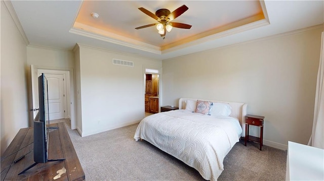 4301 N 141st St, Basehor, KS 66007 - bedroom with a raised ceiling, ornamental molding, carpet floors, baseboards, and a ceiling fan