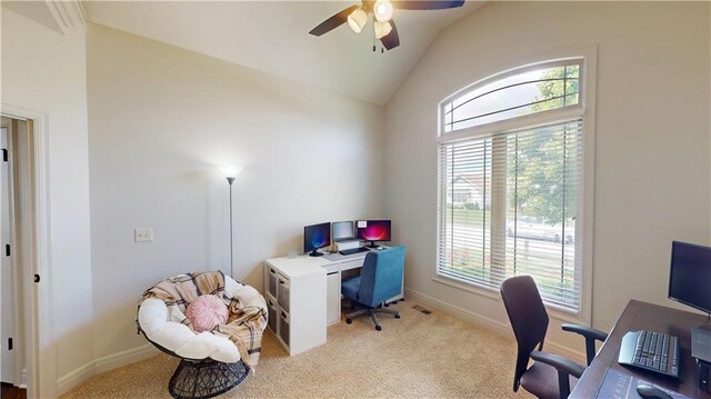 4301 N 141st St, Basehor, KS 66007 - office with vaulted ceiling, ceiling fan, light carpet, and baseboards
