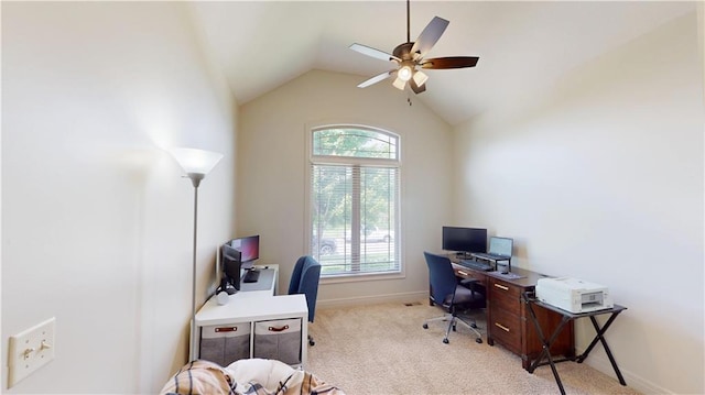 4301 N 141st St, Basehor, KS 66007 - home office featuring plenty of natural light, ceiling fan, carpet flooring, vaulted ceiling, and baseboards
