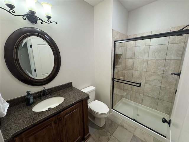 4301 N 141st St, Basehor, KS 66007 - bathroom featuring toilet, vanity, a shower stall, and a chandelier