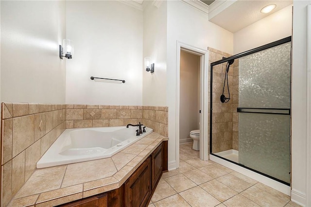 4301 N 141st St, Basehor, KS 66007 - full bathroom featuring ornamental molding, a stall shower, a bath, and tile patterned flooring
