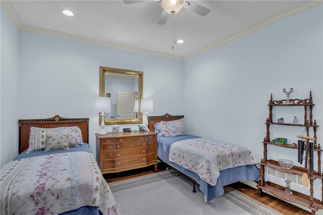 bedroom with ornamental molding, recessed lighting, and ceiling fan