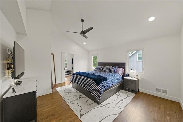 10319 W 92nd Pl, Overland Park, KS 66214 - bedroom with wood finished floors, high vaulted ceiling, a ceiling fan, and recessed lighting