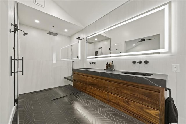 10319 W 92nd Pl, Overland Park, KS 66214 - bathroom with an enclosed shower, double vanity, and lofted ceiling