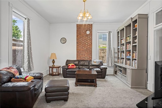 432 S 5th St, Atchison, KS 66002 - carpeted living room with healthy amount of natural light, ornamental molding, and a chandelier