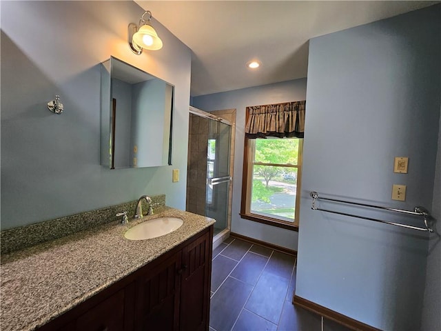 5806 N Kensington Ave, Kansas City, MO 64119 - full bathroom featuring a stall shower, tile patterned flooring, baseboards, vanity, and recessed lighting