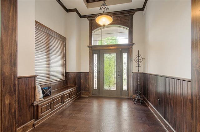 1110 Metfield Ln, Raymore, MO 64083 - entrance foyer featuring a wainscoted wall, wooden walls, dark wood-type flooring, ornamental molding, and a tray ceiling