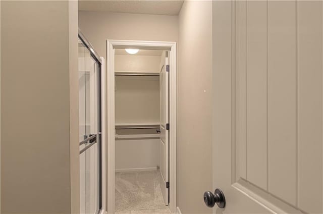1110 Metfield Ln, Raymore, MO 64083 - bathroom featuring an enclosed shower, a spacious closet, and a textured ceiling