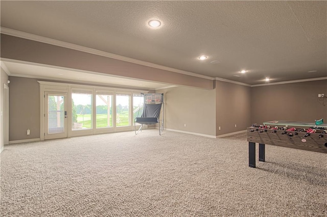 1110 Metfield Ln, Raymore, MO 64083 - game room featuring ornamental molding, carpet floors, baseboards, a textured ceiling, and recessed lighting