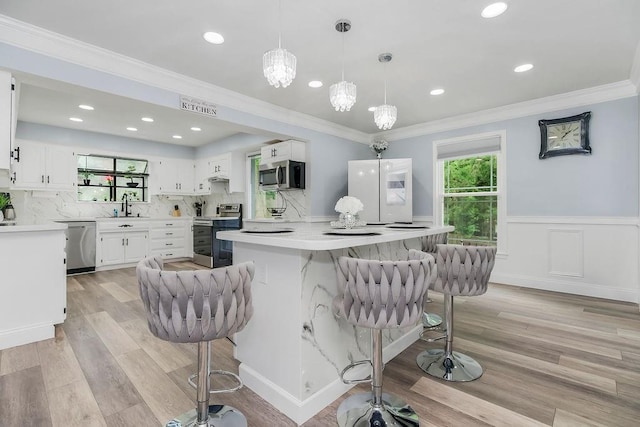 11506 Knox St, Overland Park, KS 66210 - kitchen with stainless steel appliances, plenty of natural light, light countertops, a breakfast bar area, and wainscoting