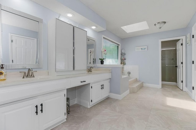 11506 Knox St, Overland Park, KS 66210 - bathroom with a skylight, double vanity, a bath, and a stall shower