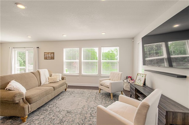 living area with wood finished floors, recessed lighting, and baseboards