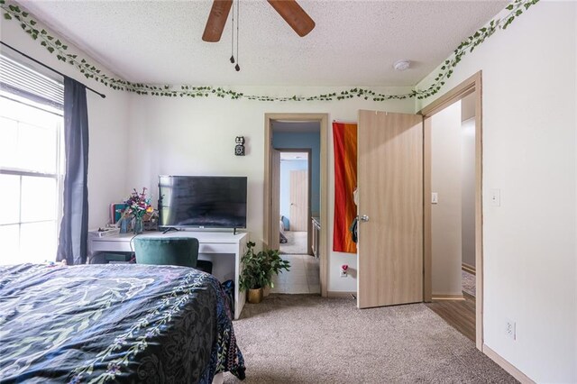 8008 NE Elmwood Ave, Kansas City, MO 64119 - bedroom with a textured ceiling, multiple windows, carpet floors, and ceiling fan