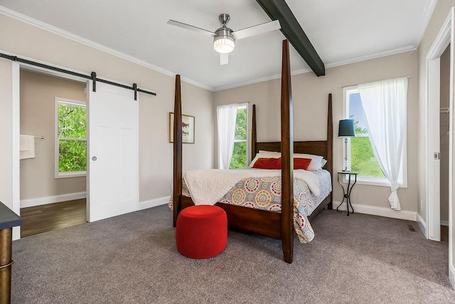 85 Birdie Ln, Mound City, KS 66056 - bedroom featuring carpet floors, a barn door, baseboards, crown molding, and a ceiling fan