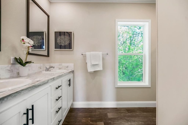 85 Birdie Ln, Mound City, KS 66056 - bathroom featuring wood finished floors, baseboards, and double vanity