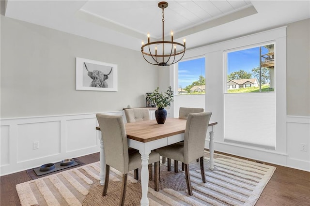 dining space with a tray ceiling, a chandelier, a decorative wall, wood finished floors, and wainscoting