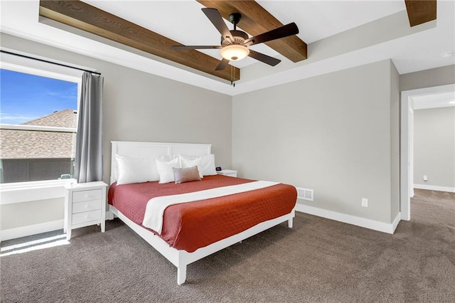 bedroom featuring carpet floors, baseboards, a ceiling fan, and beam ceiling