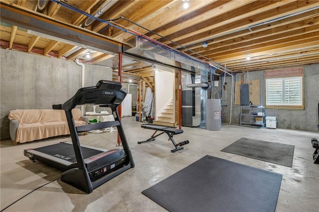 exercise room with water heater, heating unit, and electric panel