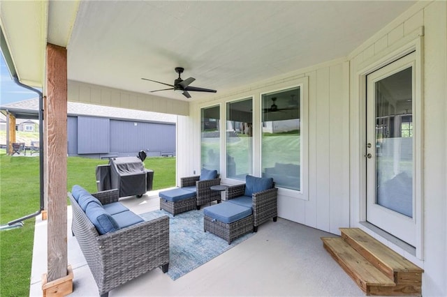 view of patio / terrace featuring ceiling fan, outdoor lounge area, and grilling area