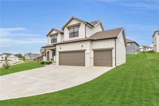 modern inspired farmhouse featuring concrete driveway, a garage, a front lawn, board and batten siding, and a residential view