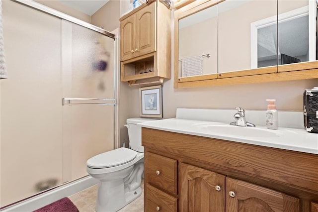 full bathroom with a shower stall, toilet, and vanity