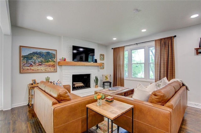 81 S Street S, St, Lake Lotawana, MO 64086 - living room with dark wood-style floors, baseboards, recessed lighting, and a brick fireplace