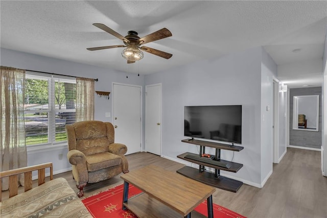 living room featuring baseboards, wood finished floors, and a textured ceiling